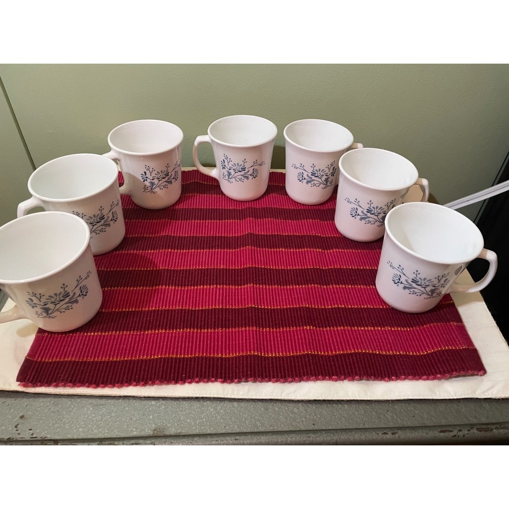 Set of 7 Vintage Corning USA Colonial Mist Blue Floral Coffee Mugs White Blue
